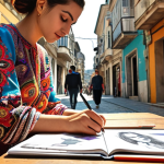 ** Fashion designer in a sunlit Istanbul street, sketching a dress inspired by the vibrant colors and bustling atmosphere. Capture the essence of Turkish inspiration with a modern twist. Focus on textiles and a sketchbook.

**