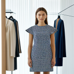 A sophisticated young professional woman in her late 20s, wearing a cutting-edge, elegant outfit made from innovative eco-friendly fabrics with subtle 3D-printed details. Her attire is a blend of modern design and sustainable technology, showcasing a fully tailored and modest silhouette. She stands confidently in a sleek, minimalist fashion showroom, bathed in soft, natural light, with subtle digital displays in the background indicating textile traceability and ethical production. High resolution, professional photography, perfect anatomy, correct proportions, natural pose, well-formed hands, proper finger count, natural body proportions, fully clothed, appropriate attire, professional dress, safe for work, appropriate content, family-friendly.