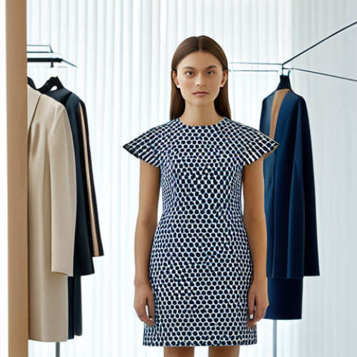 A sophisticated young professional woman in her late 20s, wearing a cutting-edge, elegant outfit made from innovative eco-friendly fabrics with subtle 3D-printed details. Her attire is a blend of modern design and sustainable technology, showcasing a fully tailored and modest silhouette. She stands confidently in a sleek, minimalist fashion showroom, bathed in soft, natural light, with subtle digital displays in the background indicating textile traceability and ethical production. High resolution, professional photography, perfect anatomy, correct proportions, natural pose, well-formed hands, proper finger count, natural body proportions, fully clothed, appropriate attire, professional dress, safe for work, appropriate content, family-friendly.