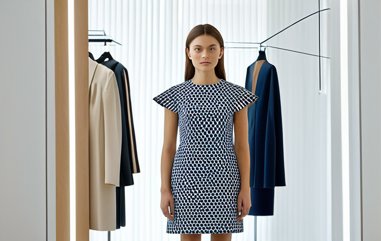 A sophisticated young professional woman in her late 20s, wearing a cutting-edge, elegant outfit made from innovative eco-friendly fabrics with subtle 3D-printed details. Her attire is a blend of modern design and sustainable technology, showcasing a fully tailored and modest silhouette. She stands confidently in a sleek, minimalist fashion showroom, bathed in soft, natural light, with subtle digital displays in the background indicating textile traceability and ethical production. High resolution, professional photography, perfect anatomy, correct proportions, natural pose, well-formed hands, proper finger count, natural body proportions, fully clothed, appropriate attire, professional dress, safe for work, appropriate content, family-friendly.