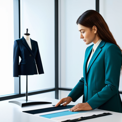 A professional Turkish female fashion designer in a modest, modern business suit, expertly interacting with a large digital screen displaying 3D garment designs in a contemporary, sunlit design studio. Sustainable fabric swatches are neatly arranged on a sleek, minimalist desk beside her. In the background, a rack showcases conceptual, sustainably-designed garments. The scene conveys innovation and forward-thinking. Professional photography, soft natural lighting, sharp focus, vibrant colors, detailed textures, fully clothed, appropriate attire, safe for work, perfect anatomy, correct proportions, natural pose, well-formed hands, proper finger count, natural body proportions, professional.