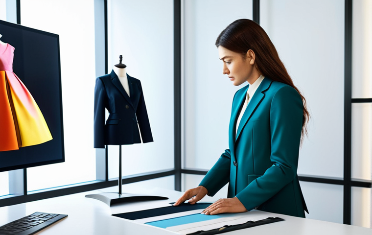 A professional Turkish female fashion designer in a modest, modern business suit, expertly interacting with a large digital screen displaying 3D garment designs in a contemporary, sunlit design studio. Sustainable fabric swatches are neatly arranged on a sleek, minimalist desk beside her. In the background, a rack showcases conceptual, sustainably-designed garments. The scene conveys innovation and forward-thinking. Professional photography, soft natural lighting, sharp focus, vibrant colors, detailed textures, fully clothed, appropriate attire, safe for work, perfect anatomy, correct proportions, natural pose, well-formed hands, proper finger count, natural body proportions, professional.
